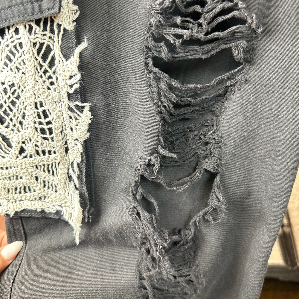 Pol Crochet Patchwork Black Distressed Jogger Pan… - image 8